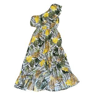 Abel‎ the Label Tropical Leaf White High Low One Shoulder Maxi Dress Womens M